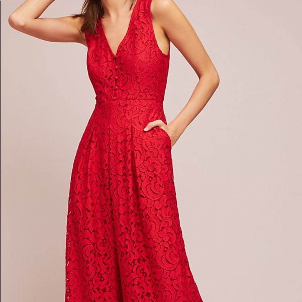Anthropologie/Moulinette Soeurs Red Lace Jumpsuit